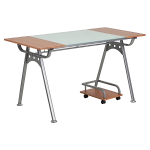 Computer Glass Desk - Cherry Laminate Top, CPU Cart 