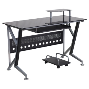 Glass Computer Desk - Pull-Out Keyboard Tray, CPU Cart, Black 