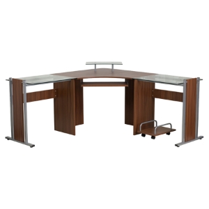 Corner Desk - Pull Out Keyboard Tray, CPU Cart, Teakwood 