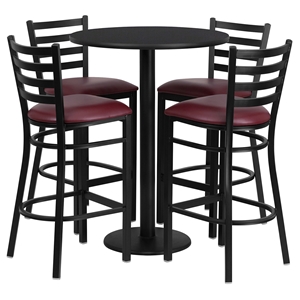 5 Pieces 30" Round Table Set - Black Top, Burgundy Seat 