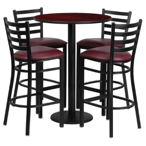 5 Pieces 30" Round Table Set - Burgundy Seat, Mahogany Top 