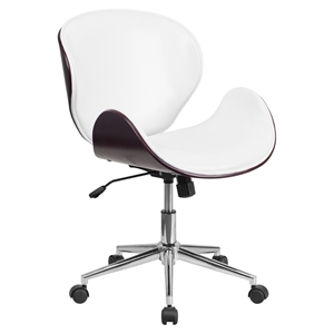 Mid Back Conference Chair - White Leather, Mahogany, Swivel 