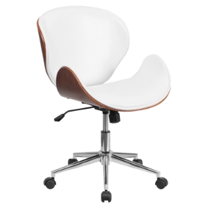 Mid Back Conference Chair - White Leather, Walnut, Swivel 
