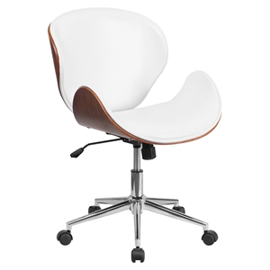 Mid Back Conference Chair - White Leather, Walnut, Swivel 