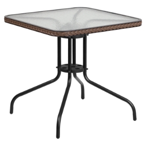 28" Square Metal Table - Glass Top, Dark Brown Rattan Edging, Black 