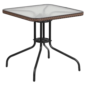 28" Square Metal Table - Glass Top, Dark Brown Rattan Edging, Black 