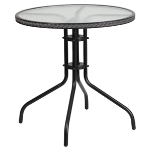 28" Round Metal Table - Glass Top, Gray Rattan Edging, Black 