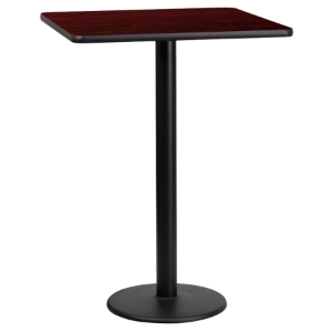 24" Square Bar Table - Black, Mahogany, 18" Round Pedestal Base 