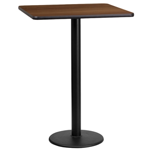 24" Square Bar Table - Black, Walnut, 18" Round Pedestal Base 