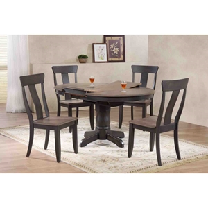 5 Pieces Round Dining Set - Panel Back, Wood Seat, Gray Stone and Black Stone 