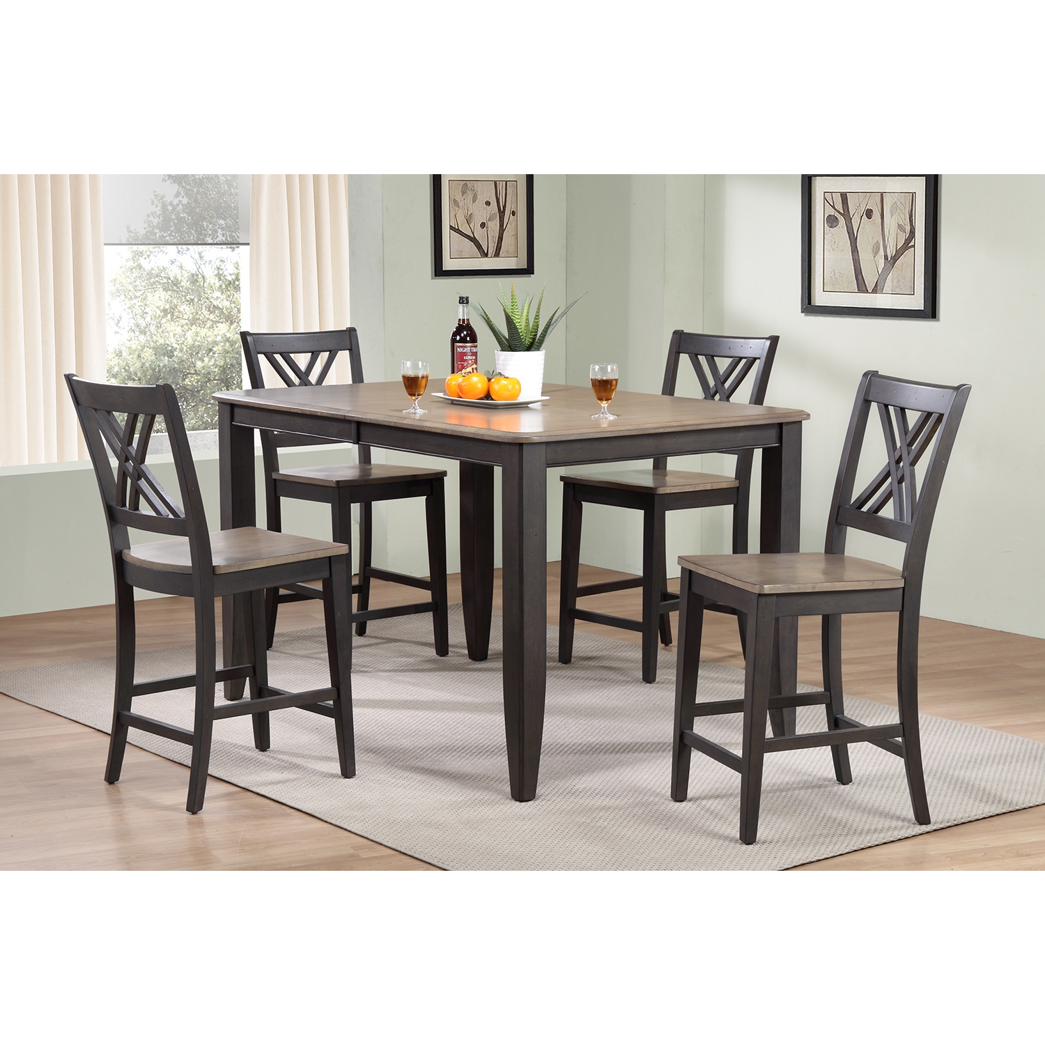 5-Piece Double X-Back Counter Dining Set - Wood Seat, Gray and Black ...