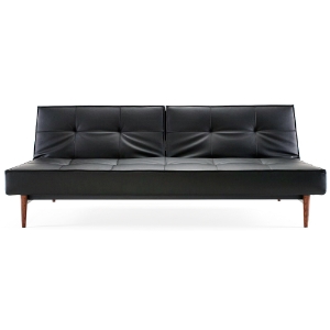 Splitback Deluxe Sofa Bed - Walnut Wood, Black Leather Look 