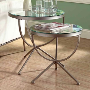 Trance 2 Piece Nesting Tables Set - Satin Silver, Round Clear Glass 