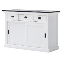 Halifax Contrast Buffet Table - Sliding Doors, Pure White, Black Top