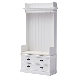 Halifax Entryway Coat Rack and Bench Unit - Cushion, Drawers, Pure White 