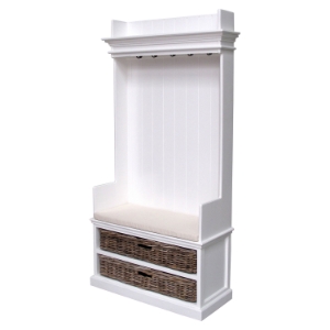 Halifax Entryway Coat Rack and Bench Unit - Cushion, Baskets, Pure White 