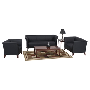 Black Leather Armchair, Loveseat, and Sofa Set with Cherry Feet 