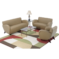 Eleganza Taupe Eco-Leather Armchair, Loveseat, and Sofa Set with Cherry Finished Feet