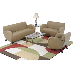 Eleganza Taupe Eco-Leather Armchair, Loveseat, and Sofa Set with Cherry Finished Feet 