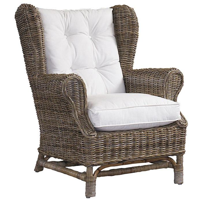 Wingback Lounge Chair White Cushion, Gray Kubu Wicker