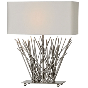 Hera Stick Table Lamp - Satin Nickel, Metal, Off-White Shade 
