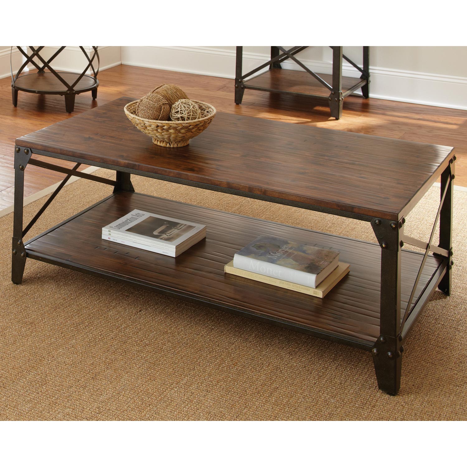 tobacco brown coffee table Takoda Nesting Tables Dark Wood Keep batteries Rustic Round 1 Drawer Reclaimed