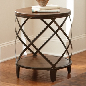 Winston Round End Table - Distressed Tobacco, Antiqued Metal 