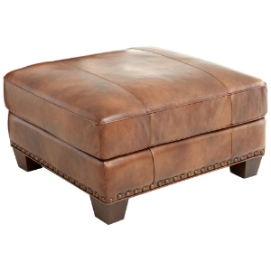 Silverado Ottoman - Nail Heads, Wood Feet, Caramel Brown Leather 