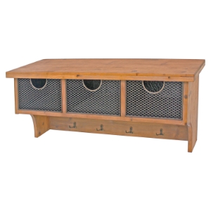 Wood Wall Shelf - 4 Hooks, 3 Compartments 
