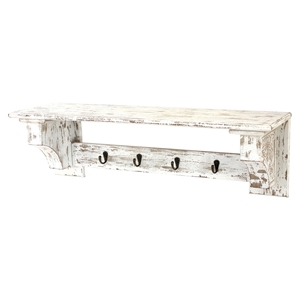 Wood Shelf with 4 Hooks - Rustic White (Set of 2) 