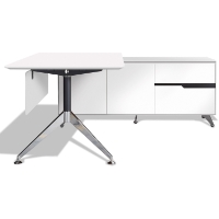 Contemporary Corner Workstation - Right File Credenza, White Lacquer