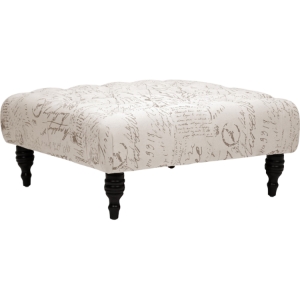 Keswick Script Print Ottoman - Button Tufted, Beige 