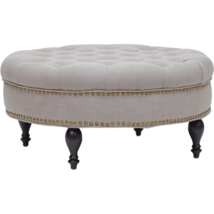 Palfrey Linen Tufted Ottoman - Nailhead, Beige 