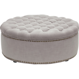 Iglehart Round Linen Ottoman - Button Tufted, Beige 