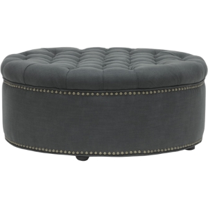 Iglehart Round Linen Ottoman - Button Tufted, Gray 