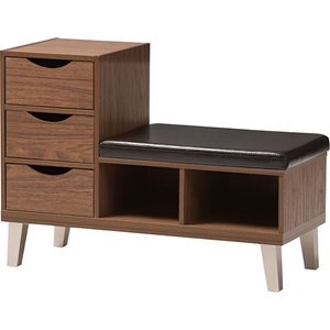 Arielle 3 Drawers Shoe Storage Padded Leatherette Bench - Walnut Brown 