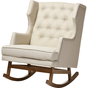 Iona Upholstered Wingback Rocking Chair - Button Tufted, Light Beige 