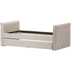 Swamson Button Tufted Twin Daybed - Roll-Out Trundle Bed, Light Beige 