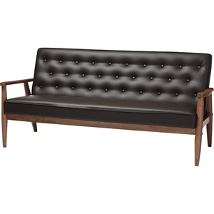 Sorrento Faux Leather Sofa - Button Tufted, Dark Brown 