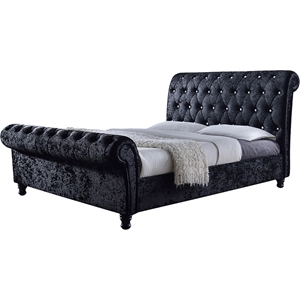 Castello Velvet Upholstered Sleigh Bed - Faux Crystal Buttoned, Black 