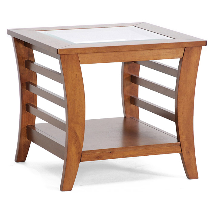 Table With Glass Inlay Allison Wood End Table - Honey Brown, Glass Inlay, Lower Shelf | DCG Stores