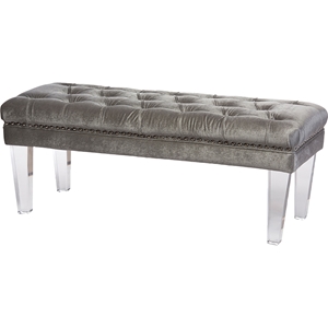 Edna Rectangular Microsuede Upholstered Bench - Button Tufted, Gray 