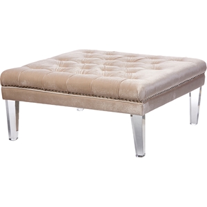 Edna Square Microsuede Upholstered Ottoman Bench - Button Tufted, Beige 