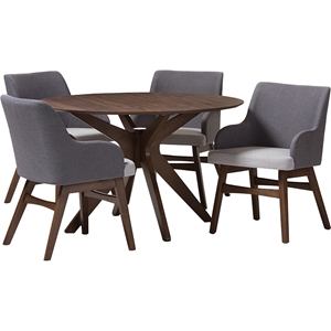 Monte Round 5-Piece Dining Set - Walnut Base, Two-Tone Gray Upholstered 