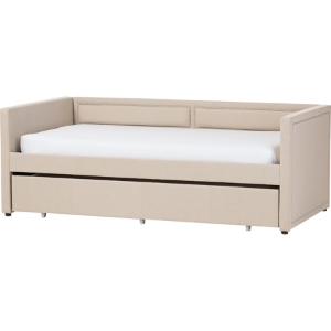 Raymond Fabric Nailhead Twin Daybed - Roll-Out Trundle Bed, Beige 