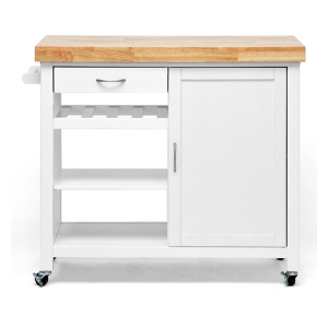 Denver Kitchen Cart - Natural Top, White Base, Cabinet, Casters 
