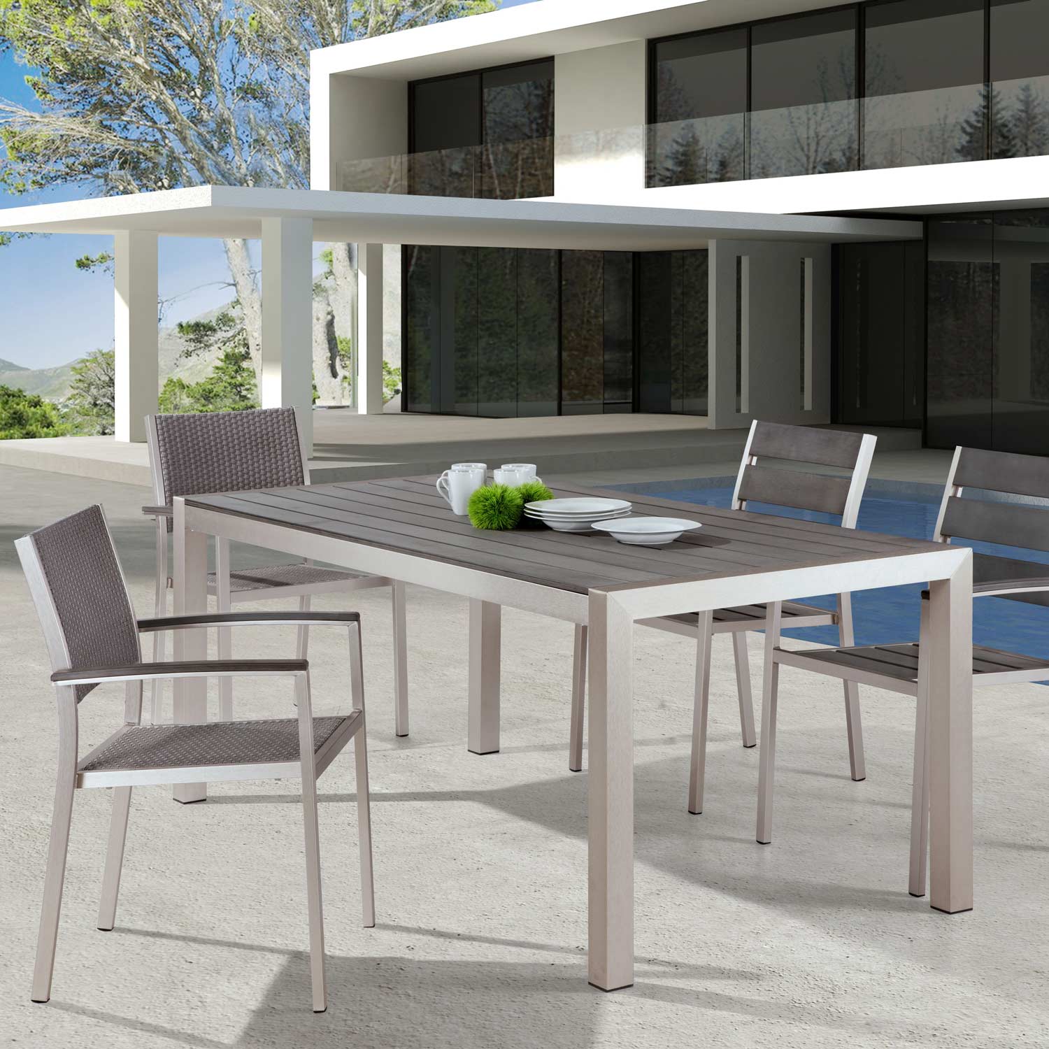 Metropolitan Outdoor Dining Table - Brushed Aluminum, Teak | DCG Stores